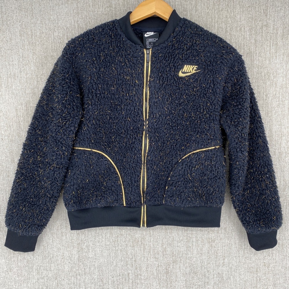 Nike Sportswear Sherpa Fleece Bomber Jacket XL Black Gold Sparkle Full Zip